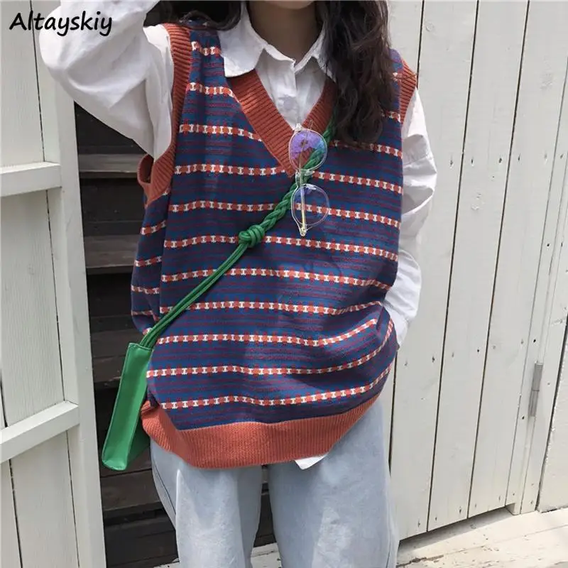 

Striped Vests Women Vintage Oversize Multi Color Designer Stretchy High Quality Ulzzang Hipster Females Slouchy Pullovers Spring