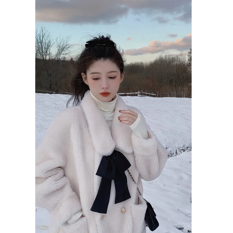 

Jane Deiune New Autumn Winter Women Vintage Lamb Wool Coat Loose Thicken Warm Fashion Bow Velvet Outwear Casaco
