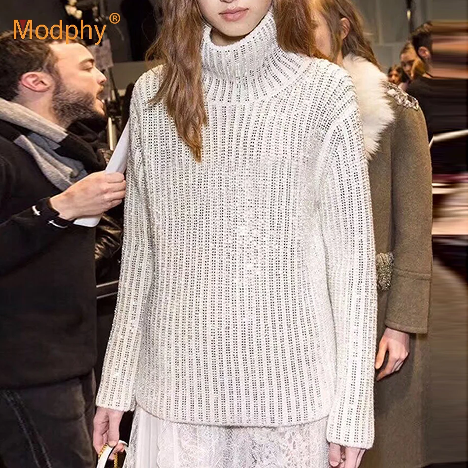 2021 Autumn Winter New Cashmere Sweater Ladies White Sequined Turtleneck Pullover Women Fashion Loose Long-Sleeved Sweaters | Женская