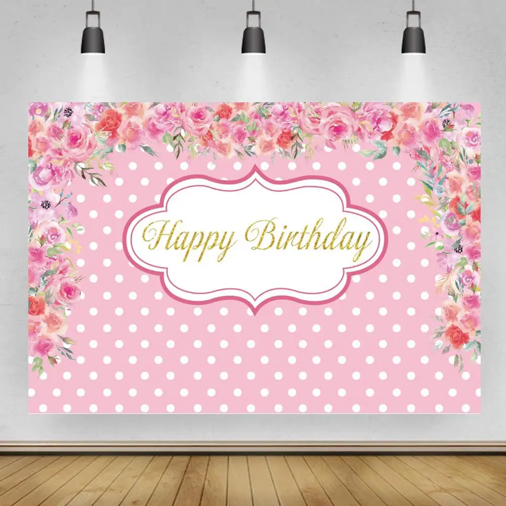 

Red Flower Happy Birthday Backdrop for White Dots Pink Girl Birthday Party Photography Background Golden Border Birthday Banner