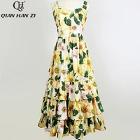 qian han zi fashion 100 cotton summer dress 2021 womens elegant spaghetti strap flower print cascading ruffle midi dress