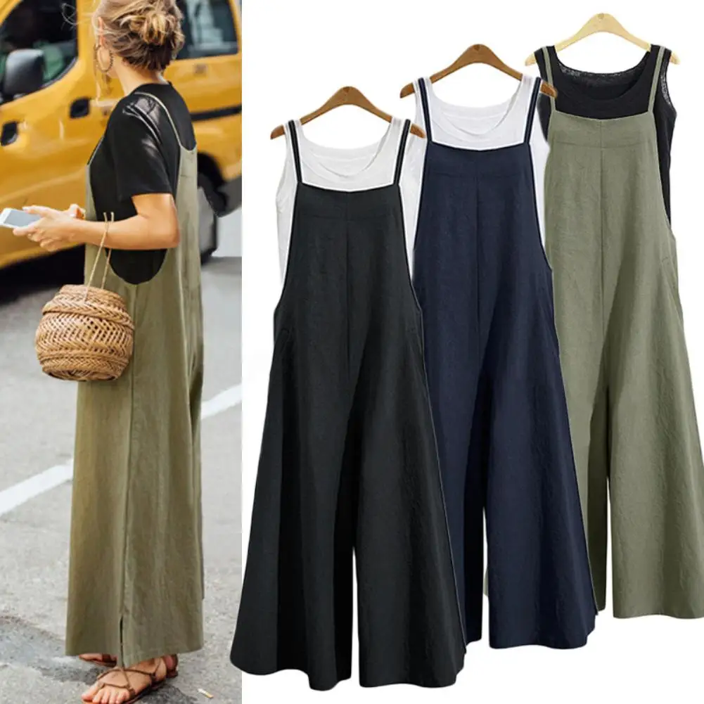 

Solid Color Women Casual Loose Breathable Sleeveless Long Jumpsuit Overalls jumpsuits Women Cotton Jumpsuit