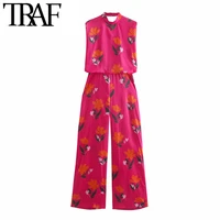traf women chic fashion floral print wide leg jumpsuits vintage sleeveless backless zipper female playsuits mujer
