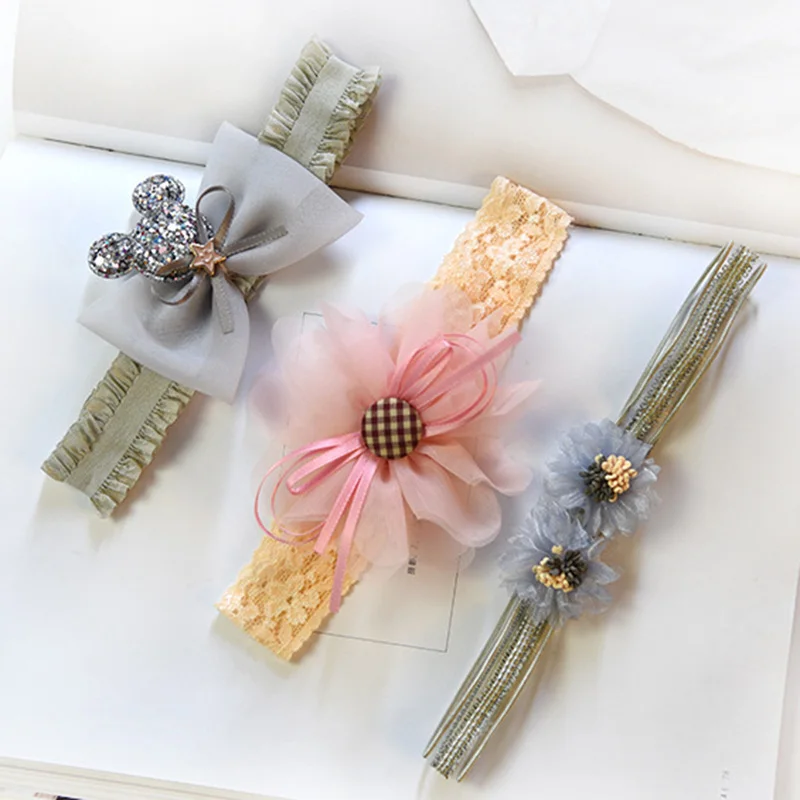 3pcs style 11 gray Цветочные повязки на голову для маленьких девочек; эластичные повязки для волос принцессы для новорожденных; детские повязки на голову с жемчужинами и цветами в свежем Стиле; милые аксессуары для волос - Цвет: 3pcs style 11 gray