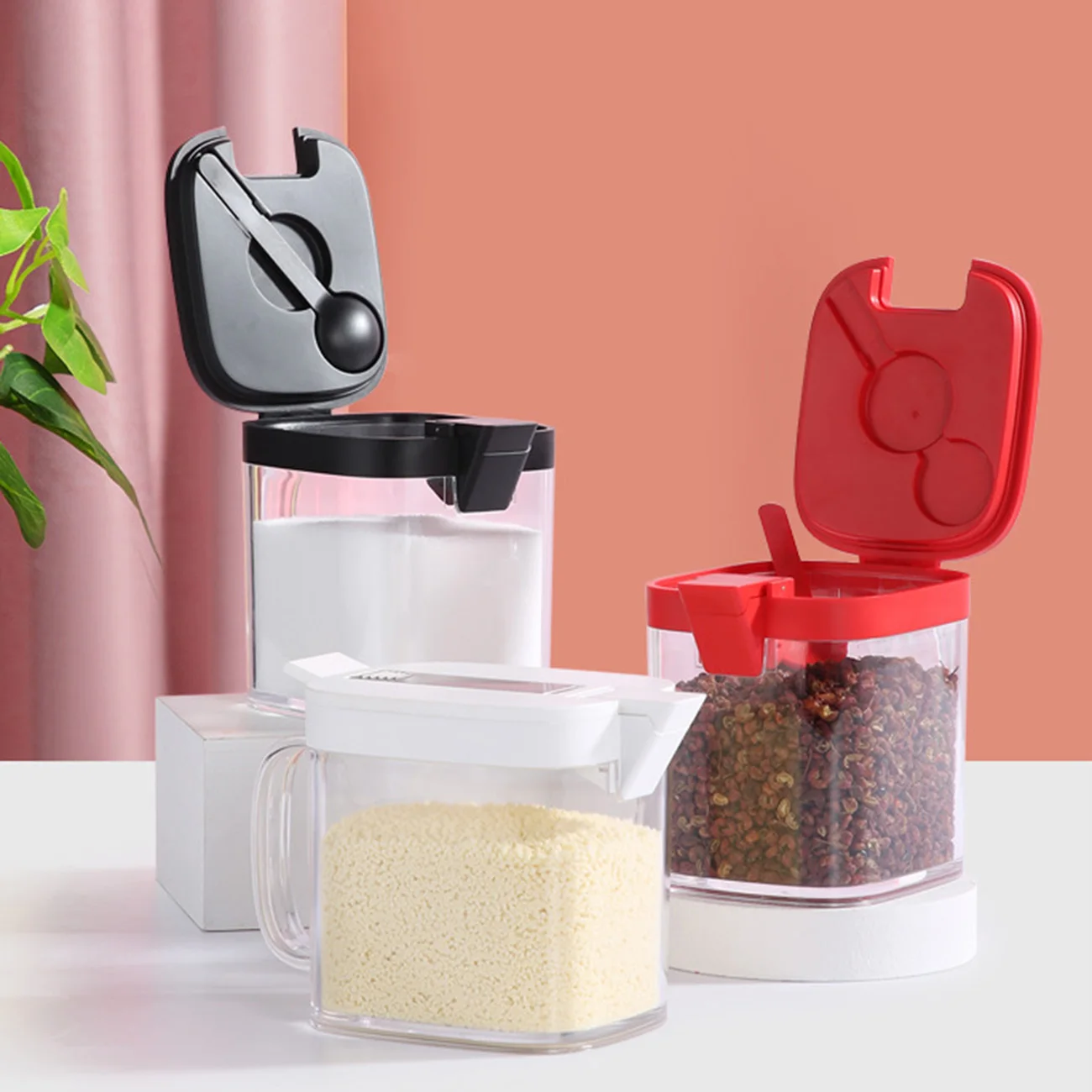 

3 Grids Transparent Seasoning Box, Seasoning Storage Container for Spice Salt Sugar Cruet, Condiment Jars with Spoons