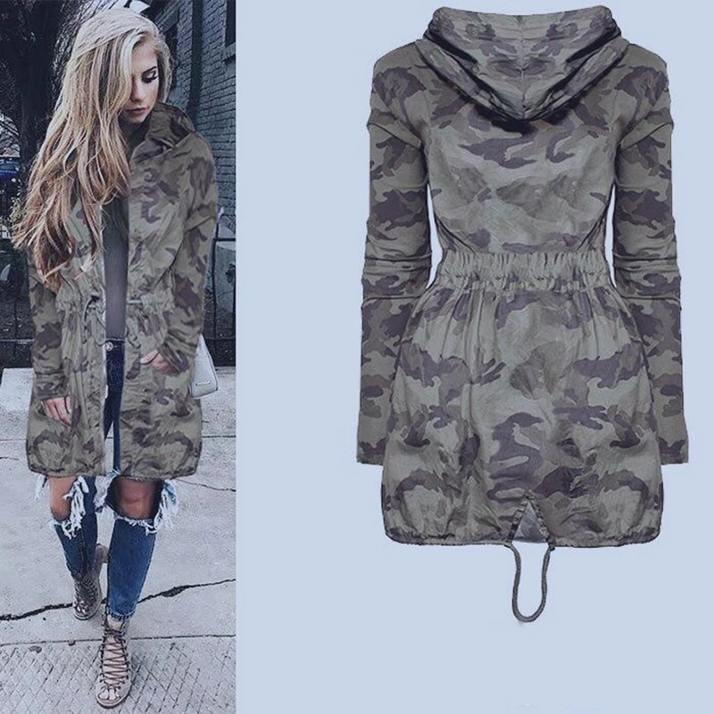 

Camouflage Jackets Women Long Coat Women Casual Hooded Jacket Coat Drawstring Zipper Slim Hooded Jacket Hip Hop Camo Outwear