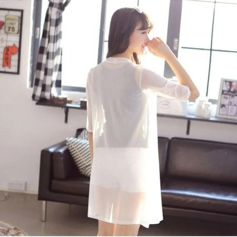 

2021 Spring Summer Women White Black Mesh Jacket Half Sleeve Sunscreen Shirt Loose Thin Cardigan Coat Plus Size Ladies Tops Y243