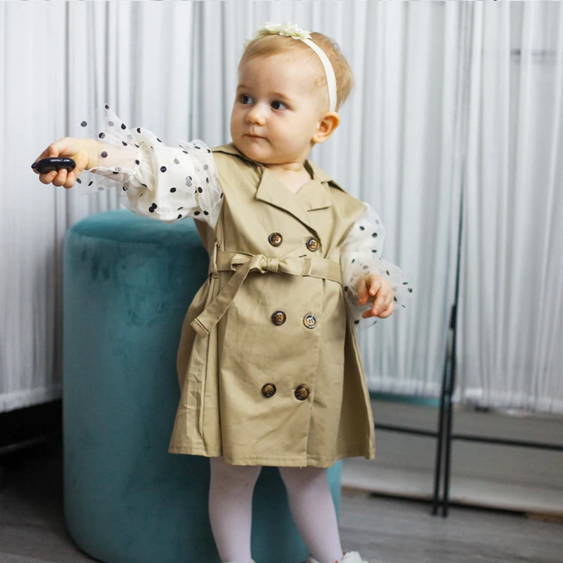 

Spring Baby Girls Double-breasted Dress Children Polka Dot Gauze Casual Long Sleeve Children Vestido