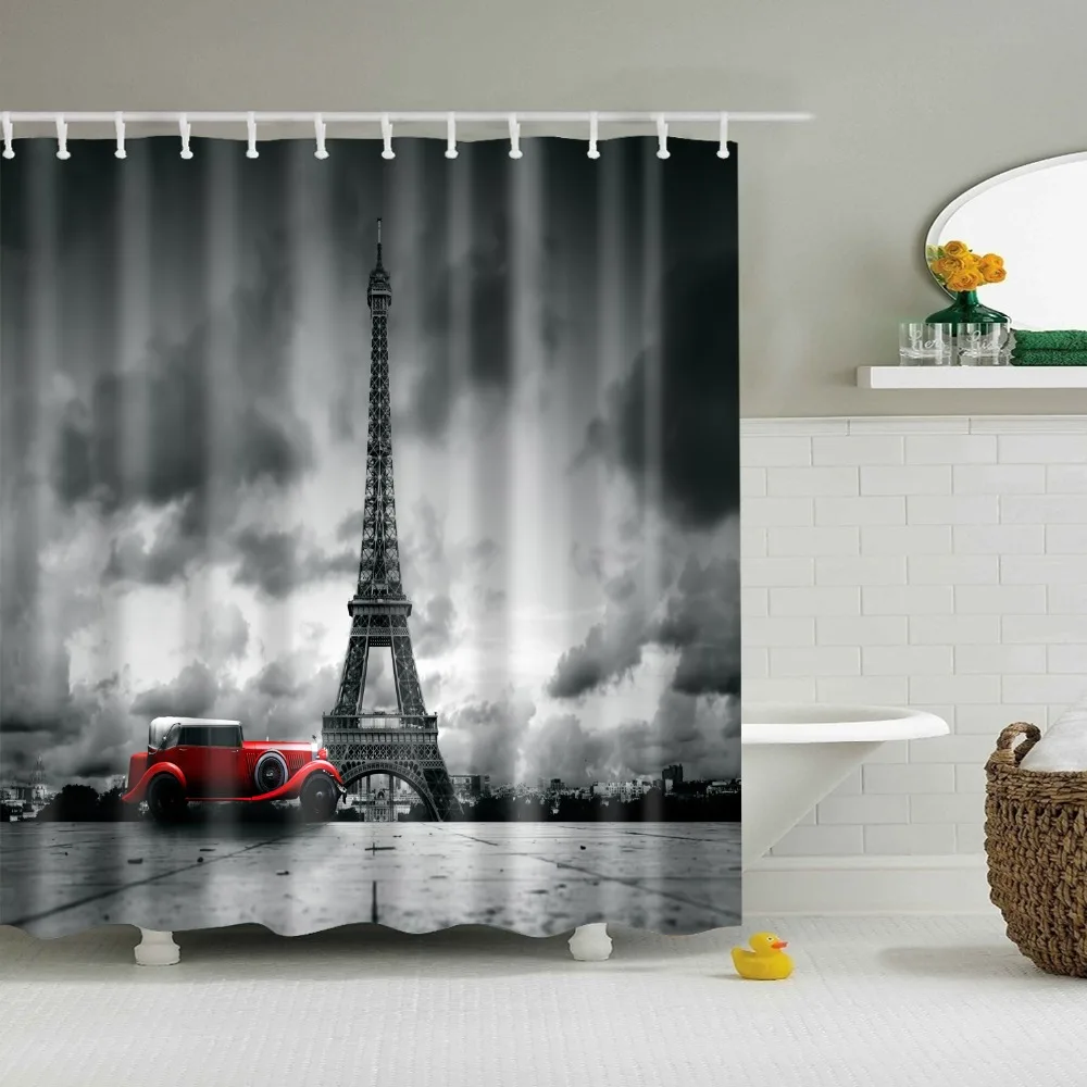 

Vintage Style Retro Retro Tower Bathroom Shower Curtains Frabic Waterproof Polyester Bath Curtain with Hooks Shower Curtain Set