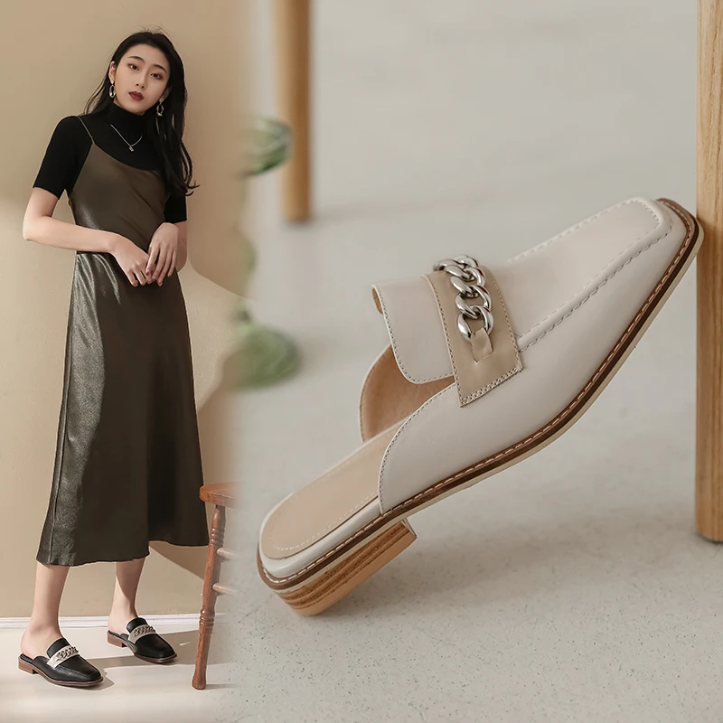 

Genuine leather Shallow Slip On Women slippers 2021 Summer New Brand Design Casual Shoes Woman chain Decoration Slippers