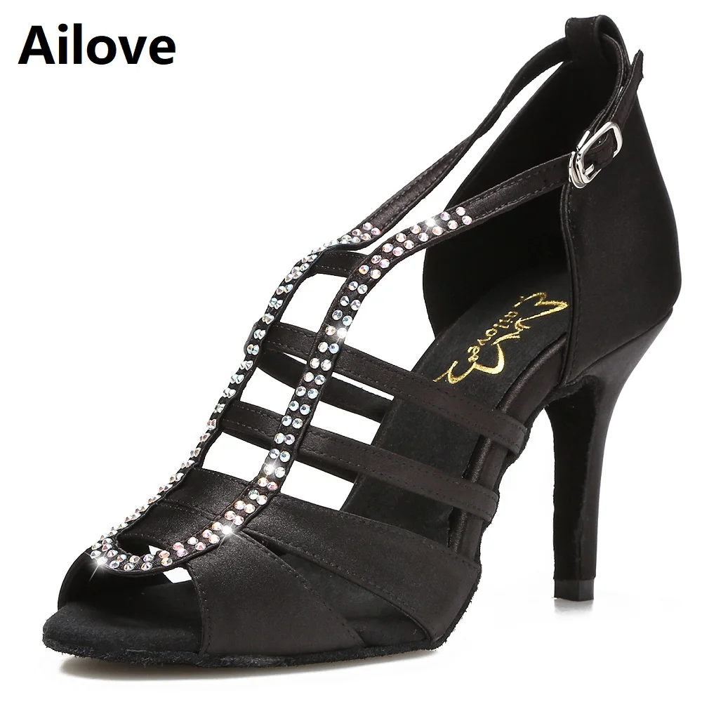 Женские туфли для бальных танцев Ailove черные атласные сандалии
