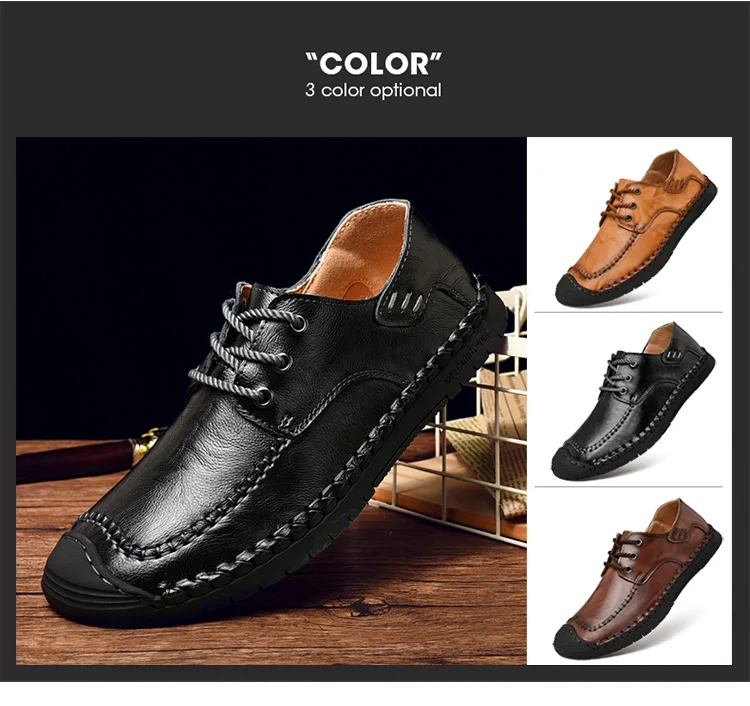 Hot Sale Leather Men Flats Shoes Hand Sewing Men Oxfords Zapatos Hombres Trendy Men Leather Lace Up Shoes High Quality Moccasins