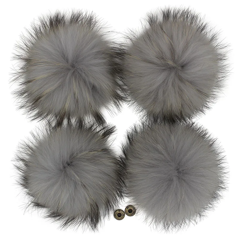 5/Lot 13cm Raccoon Fur Pom Pom with Snap Buttons Off white Pompoms For Crochet Knitted Hats Caps Fluffy Winter pompon Beanies