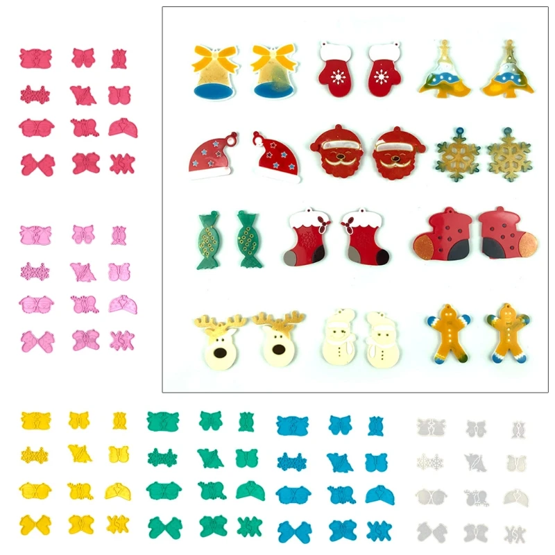 

12Pcs Christmas Earrings Stud Epoxy Resin Mold Bell Snowflake Elk Santa Hat Pendant Ornament Silicone Casting Mould DIY