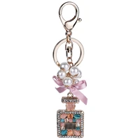 trendy imitation pearl perfume bottle colorful stone keychain car key ring bag pendant accessories bow keyfob lady keyring
