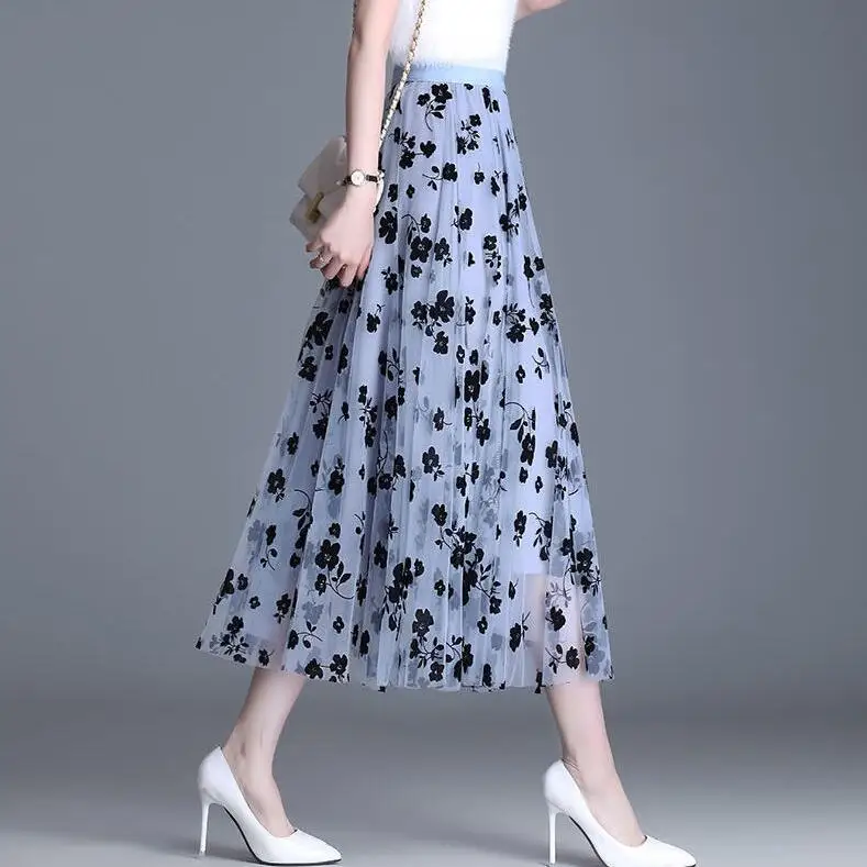 

2021 summer and spring women's fashion Flocking net yarn lace skirts female casual long Flower embroidery pleated skirts