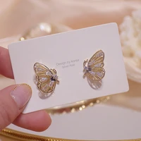 luxury hollow butterfly women earring bling crystal zircon dazzling stud earring 14k real gold wedding engagement jewelry