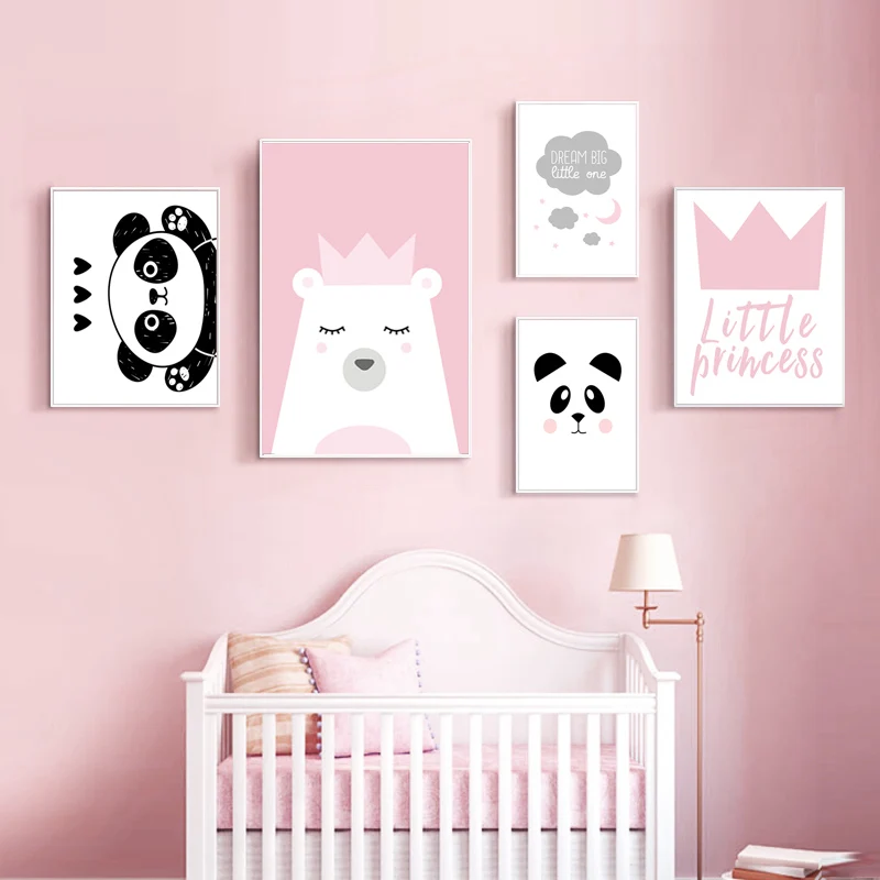 Kawaii Настенная картина для детской комнаты мультяшный розовый медведь холст