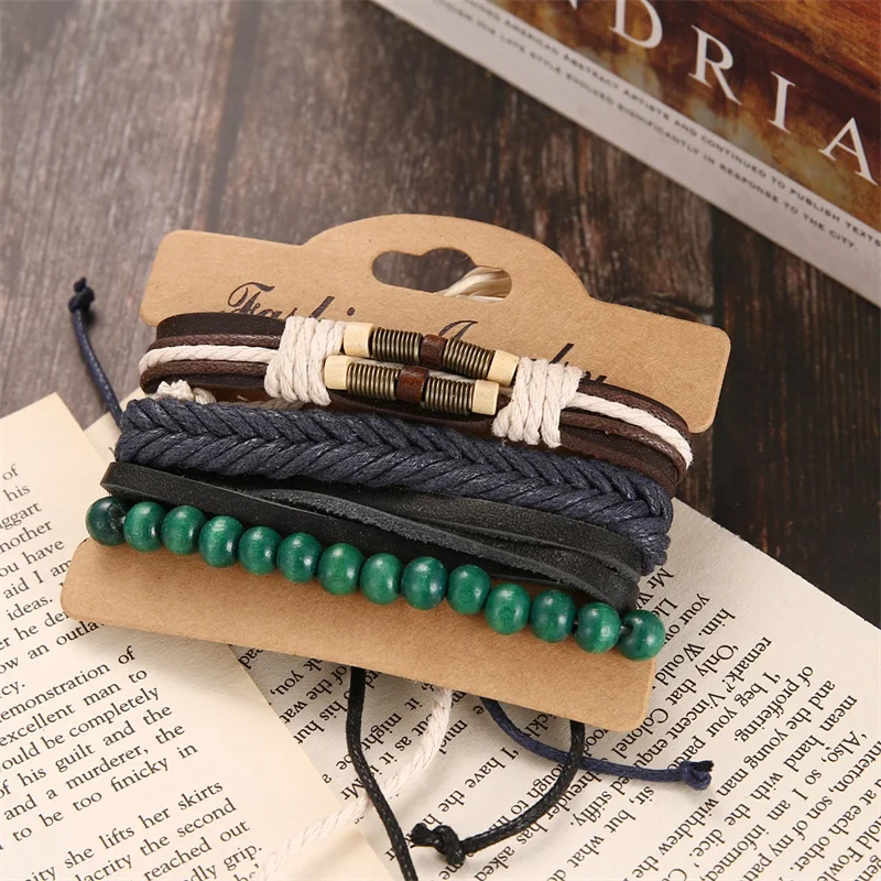 DAXI старинные зеленые бусы браслеты мульти-Слои кожаный браслет мужские