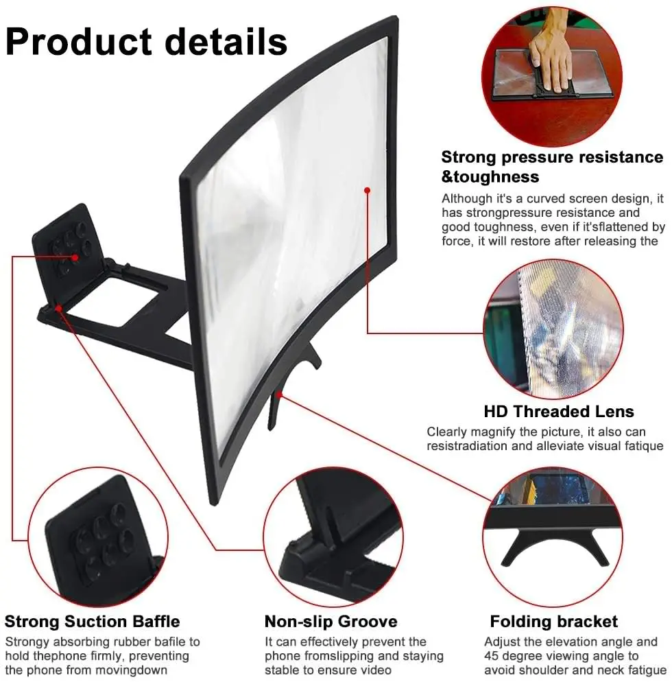 Phone Screen Amplifier 12 Inch Curved Magnifier Foldable 3D HD Video Cinema Phones Holder Stand Mobile Projector | Мобильные