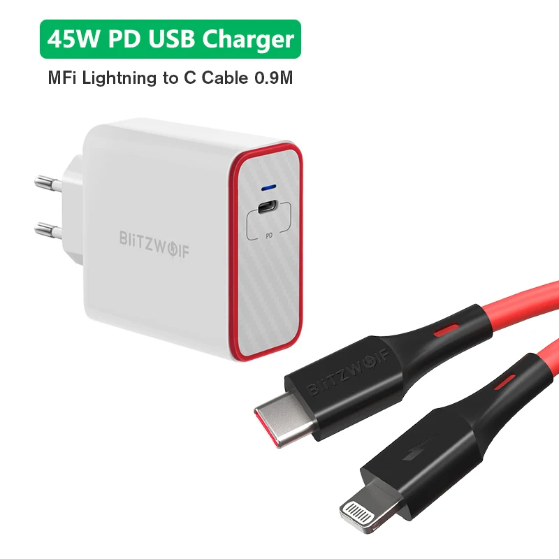 Blitzwolf BW-CL2 2.4A usb type C к Lightning MFI сертифицированные Дата зарядки Кабели PD3.0 телефон зарядное устройство ПВХ для iPhone 11 Pro Max - Цвет: with 45W EU Charger