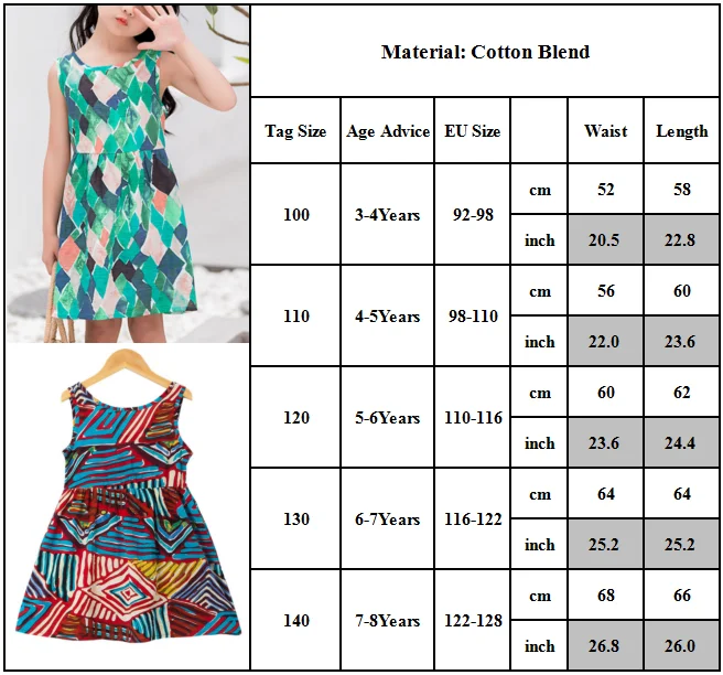 

Back V Neck Printed Little Girls Sleeveless Vintage Summer Beach Dresses