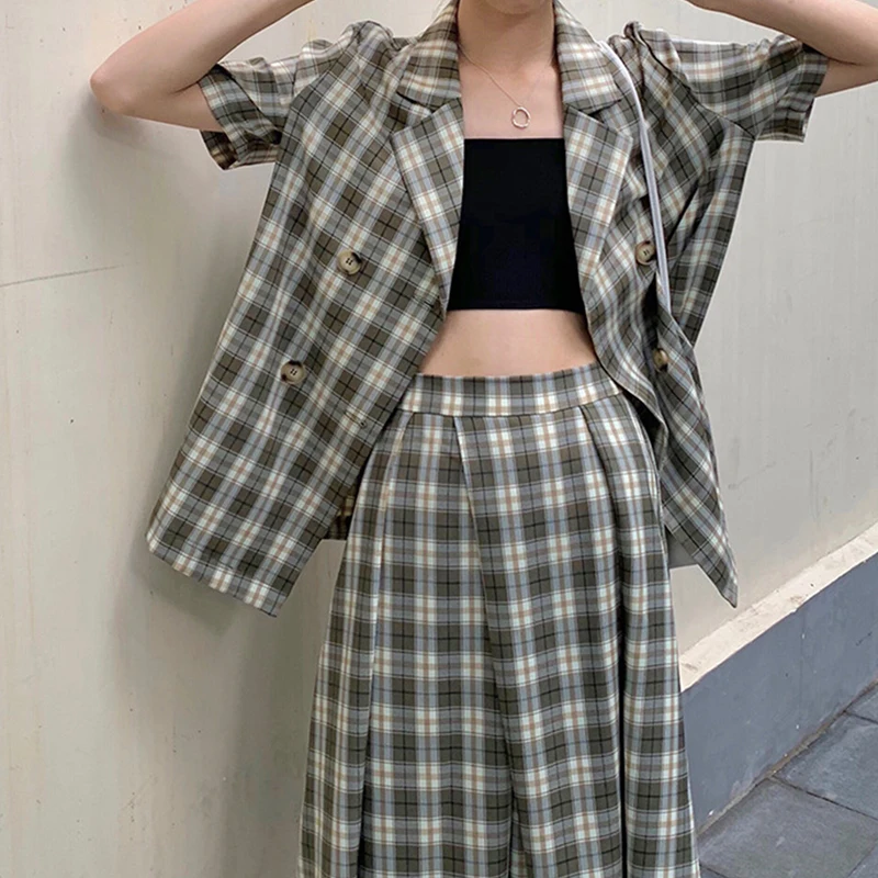 Женский летний костюм с юбкой клетчатый блейзер в Корейском стиле деловой пиджак