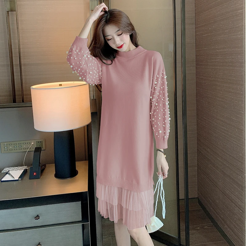 COIGARSAM Casual Full Sleeve Women one-piece dress korean New Knitting Mesh Dresses Pink Black Light Green Deep Purple Apricot T | Женская