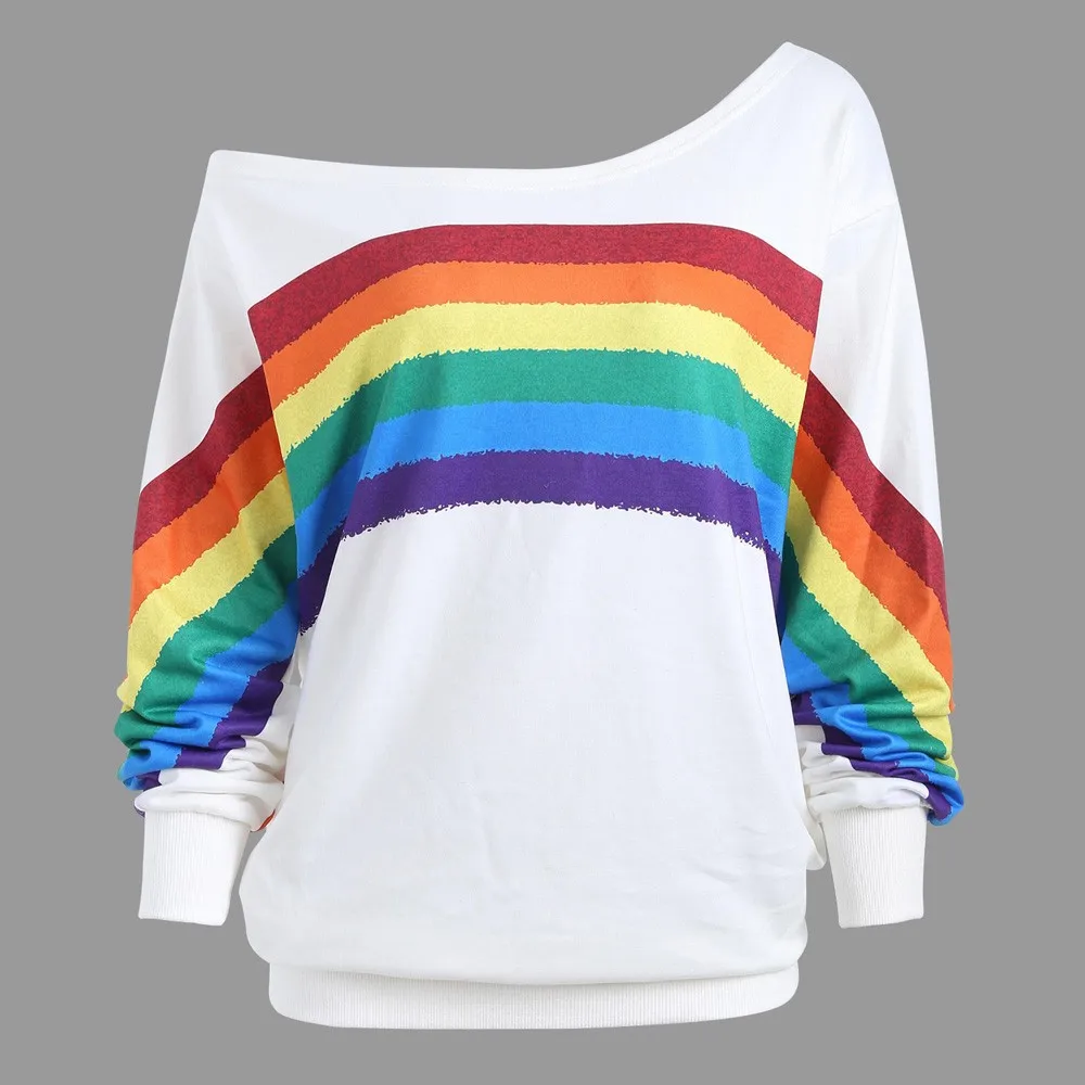 Women Casual Loose Long Sleeve Rainbow Print Pullover Blouse Shirts Sweatshirt Kawaii Sudaderas Capucha Harajuku Худи Оверсайз