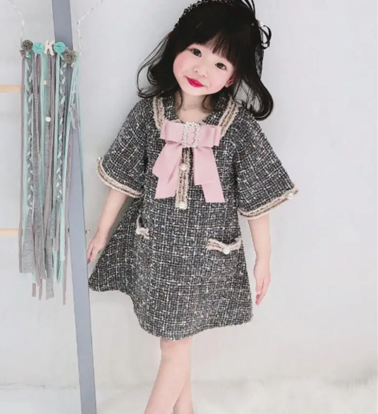 Платье принцессы для девочек осень 2019 клетчатые платья с бантом вечерние модное