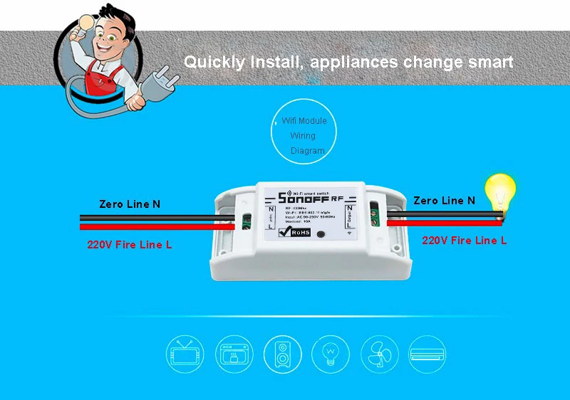 Беспроводной смарт переключатель Sonoff RFR2 WiFi с радиочастотной функцией 433 МГц
