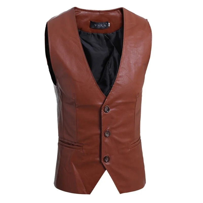 ZOGAA Men's Slim Vest Sleeveless Jacket Casual PU Leather Vests Button Open V-neck Geek Simple Joker Slim Fit Vest Men winter