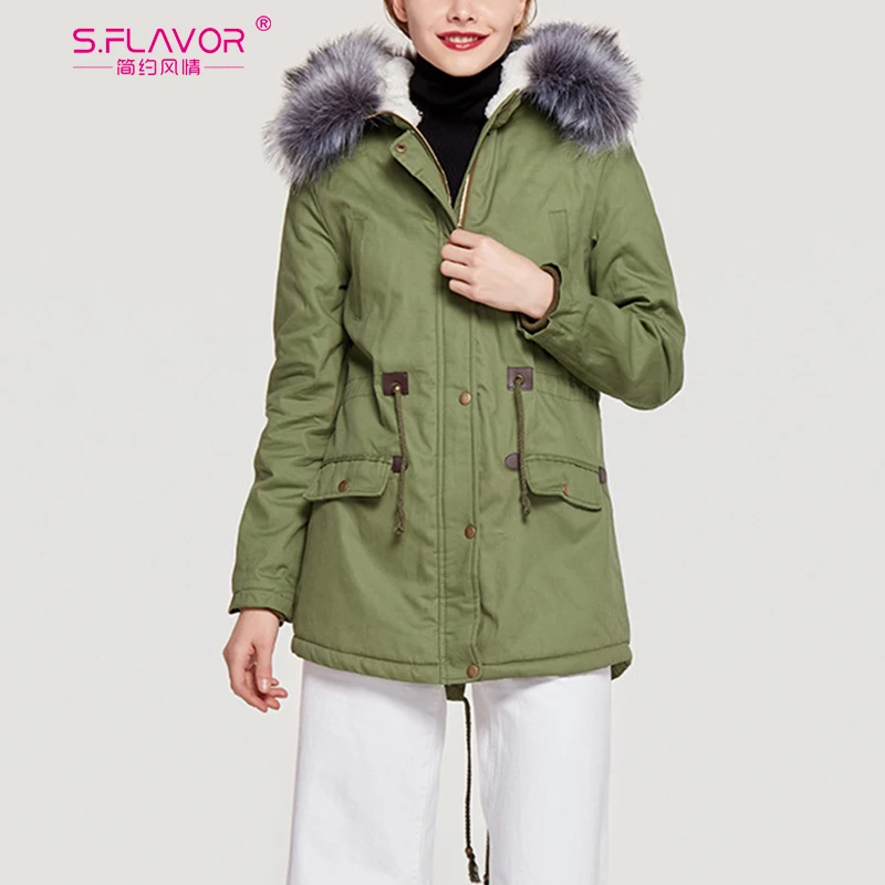 S. FLAVOR женское осеннее зимнее повседневное теплое пальто с меховым капюшоном