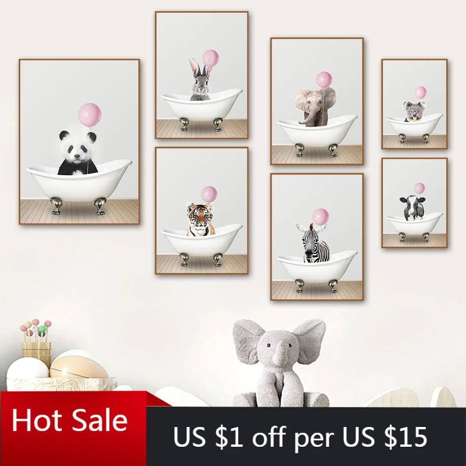 Панда Лев розовый воздушный шар ванна детская настенная Картина на холсте