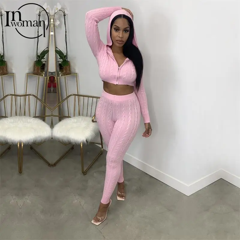 

INWOMAN Autumn Sexy Pink 2 Two Piece Sets Women Outfits 2021 Long Sleeve Zipper Hoodies Bodycon Pants Suits Female Matching Sets