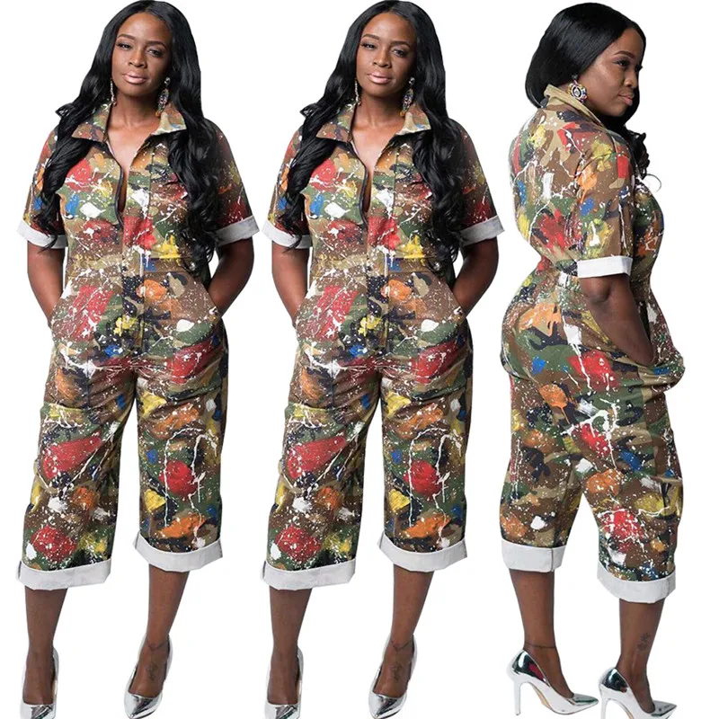 Женский комбинезон с отложным воротником повседневный камуфляжный коротким