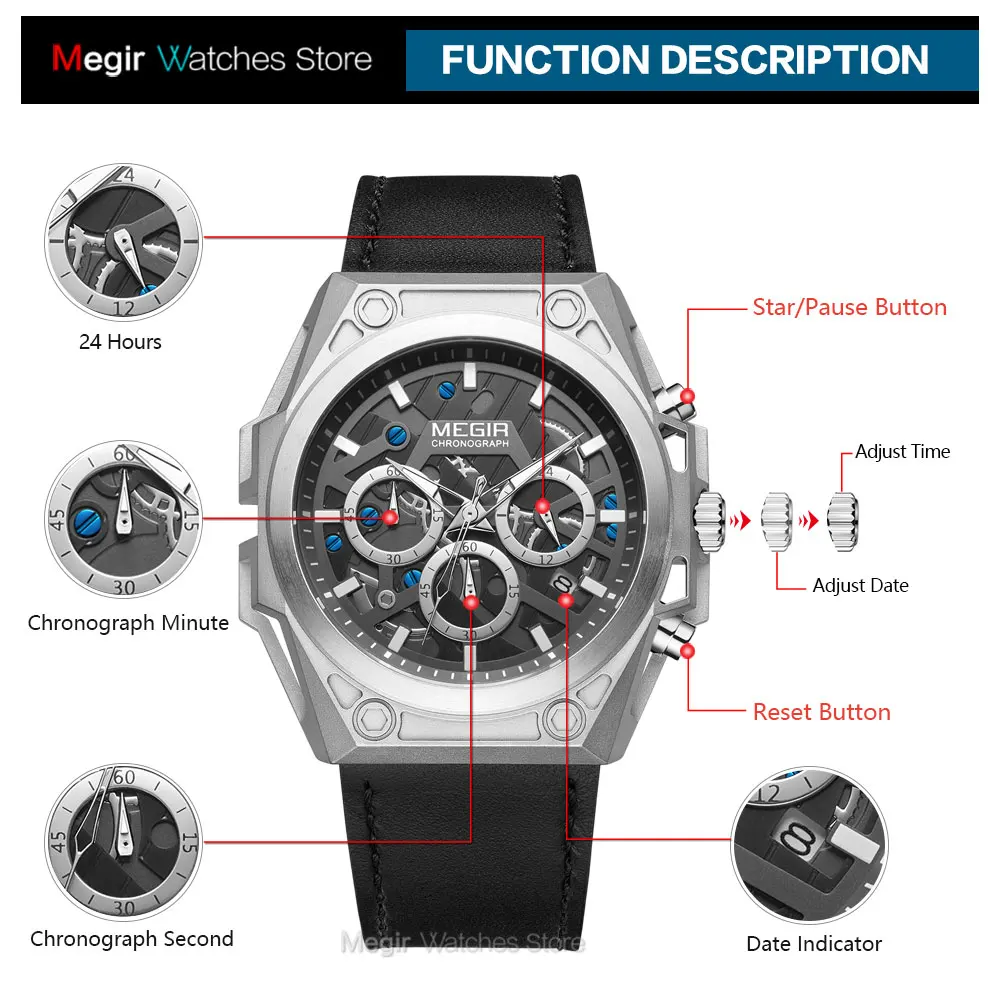 

MEGIR Military Sports Watches Men 2020 Luxury Brand Leather Strap Chronograph Quartz Watch Fashion Waterproof Wristwatch ML4220