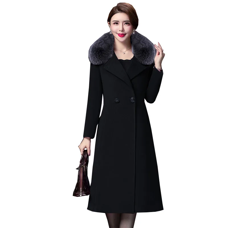 Женское зимнее длинное шерстяное пальто с меховым воротником однотонное черное