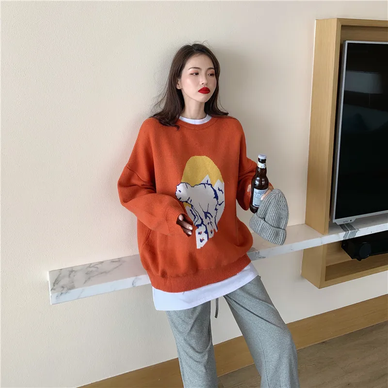

New Retro korean knitted sweater winter sweater women Small animals Loose Leisure Crew neck sweater Kawaii long sleeve Hot sale