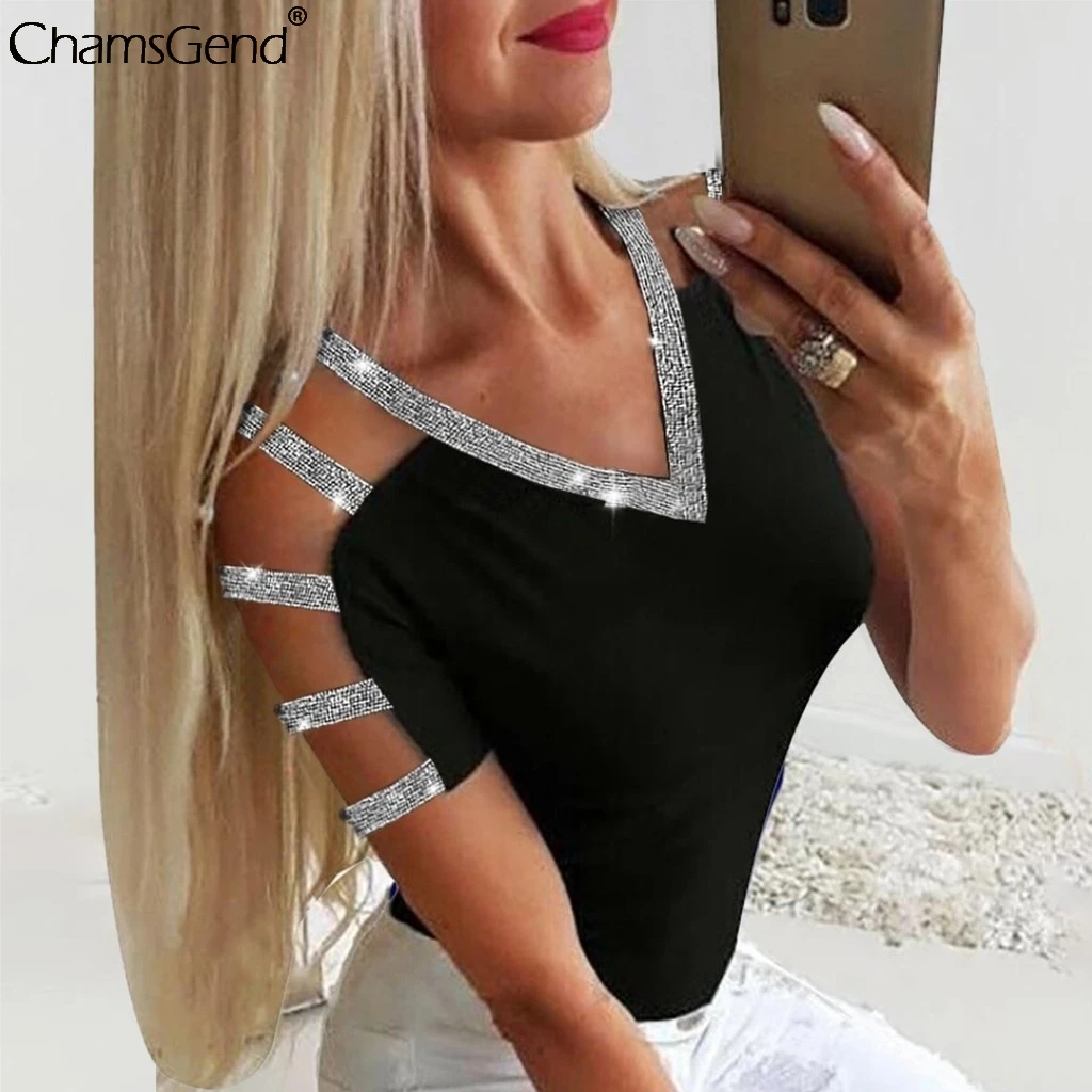 Модные женские Топы Стразы с вырезами блестящий пуловер открытыми плечами и