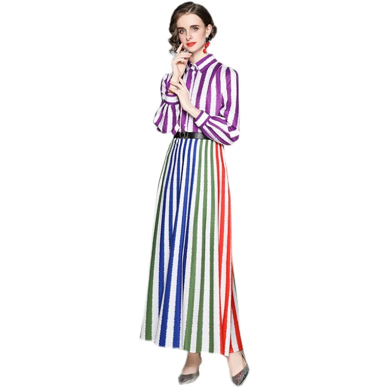 

2021 New Summer Color Stripes Dress Temperament Long Sleeve Lapel Button Button Shirt Belt Length Clothes