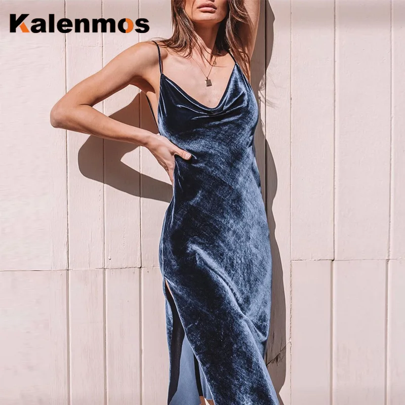 Бархат без рукавов с открытой спиной сексуальное разрезом миди платье осень зима