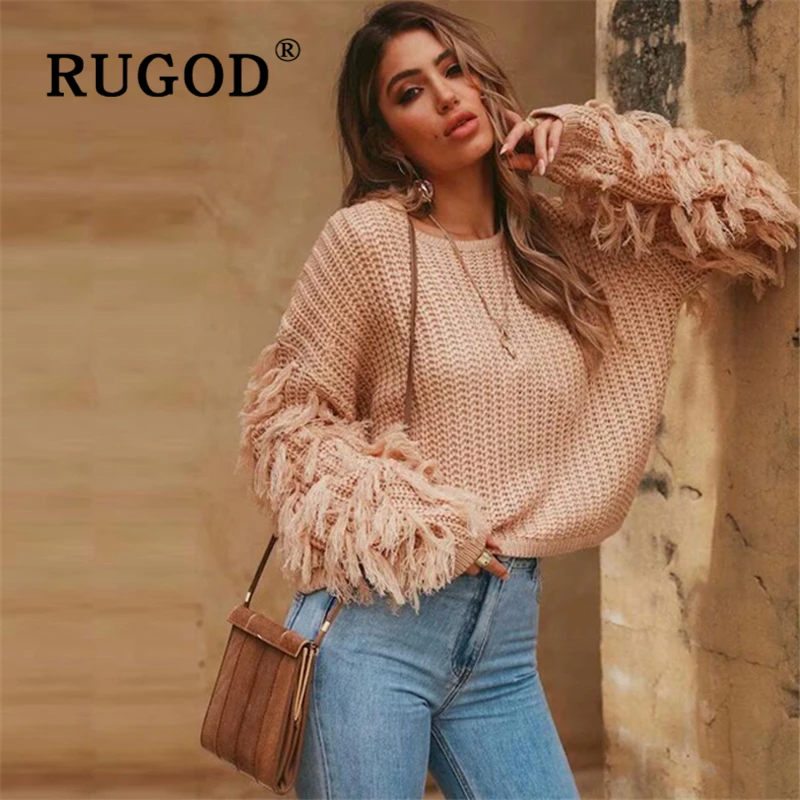 RUGOD/трикотажное женское платье с кисточками на рукавах зима 2019 auturm круглый вырез