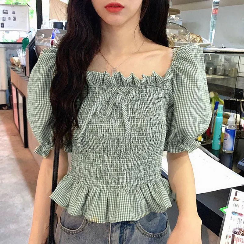 

Retro Summer Square Collar Puff Sleeve Blouses Sweet Girl Bow Tie Strap Plaid Ruffles Top Shirt