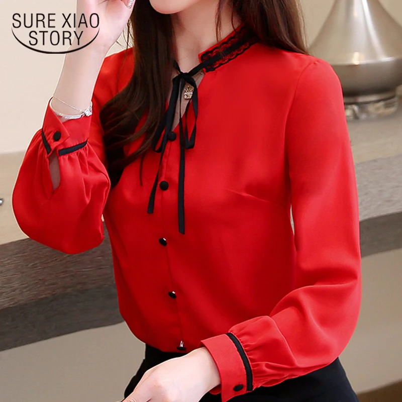 

2021 Autumn Fashion Long Sleeve Chiffon Blouse Women Shirts Casual Bow Women Tops Solid Stand Ladies Tops Plus Size 5572 50