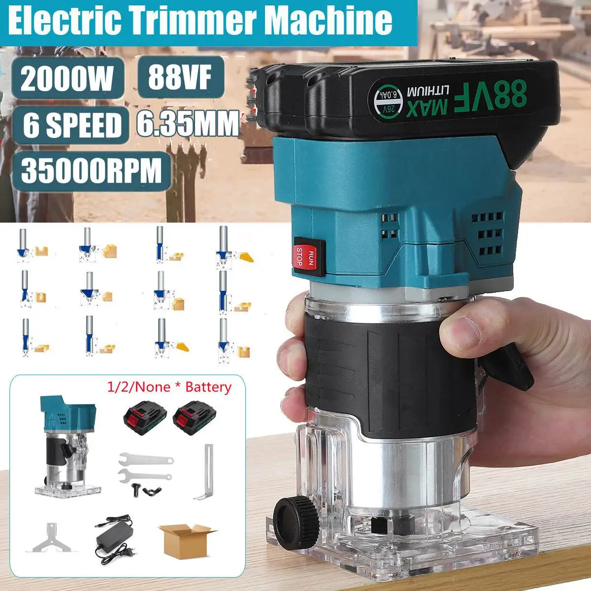 

88VF 2000W Cordless Electric Trimmer Woodworking Engraving Slotting Trimming Milling Machine Wood Router for Makita 18V Battery