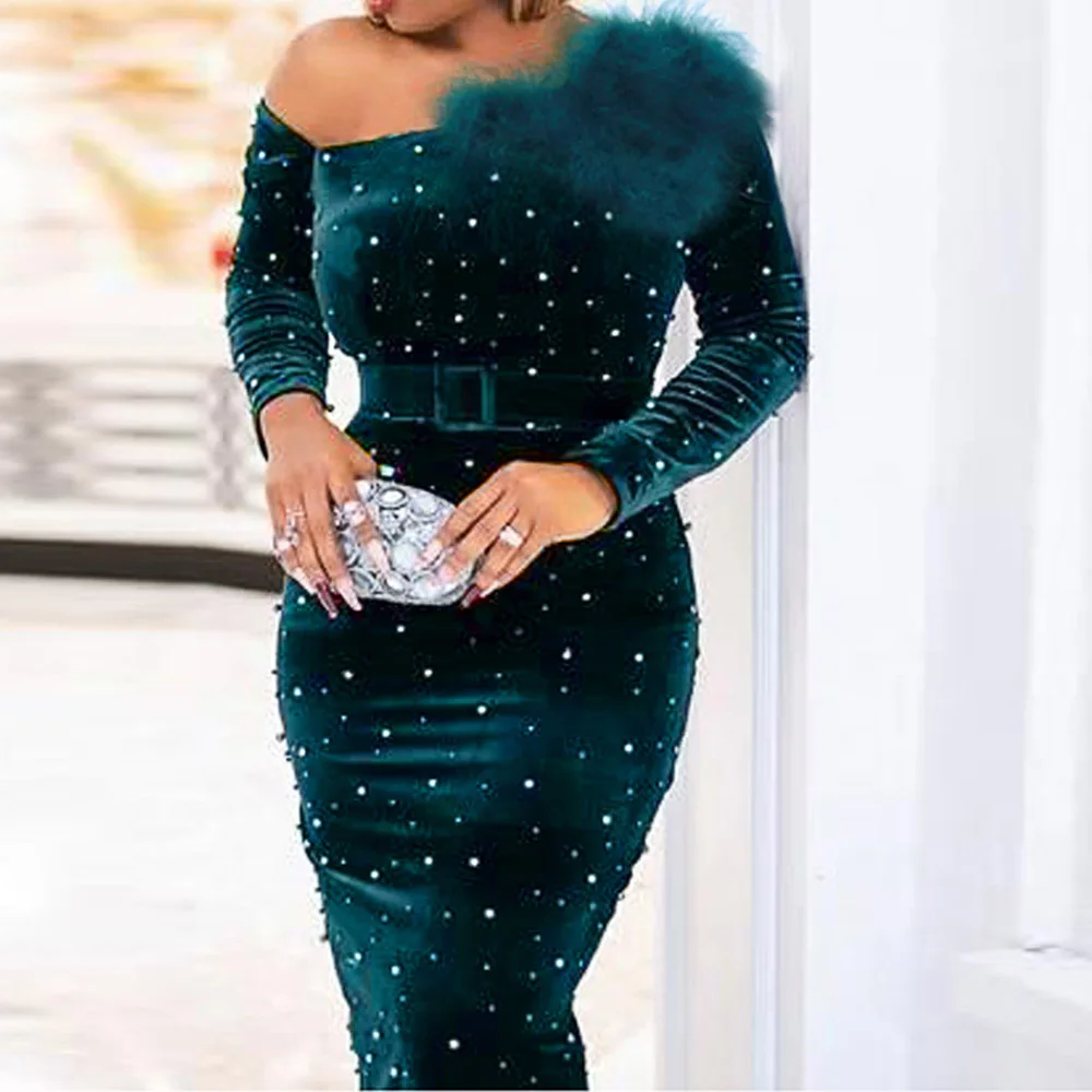 

Sequins Oblique Collar Floor-Length Long Sleeve Bodycon Women's Dress Sexy Party Style Slim Green Female Dress Ladies Fashion