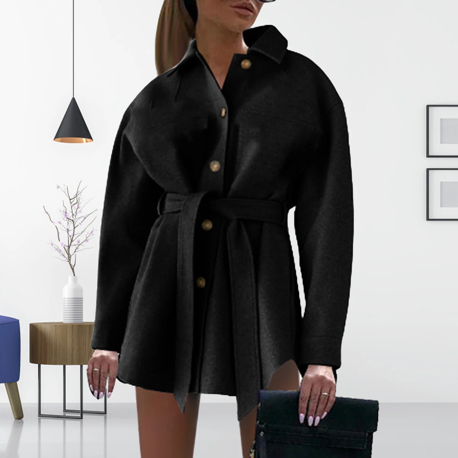 

Coat V-neck Warmth Woolen Women Overcoat for Work