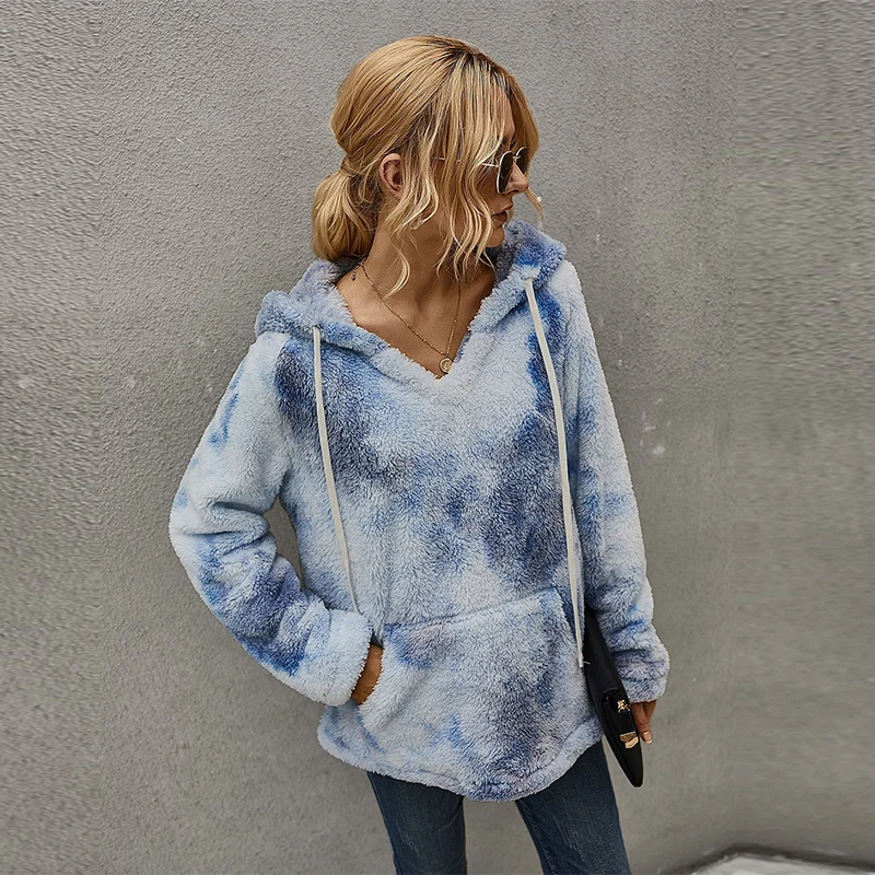 

Теплые флисовые толстовки для женщин, кашемировые толстовки Тедди, женская одежда с принтом, пуловер с капюшоном и передним карманом, новин...