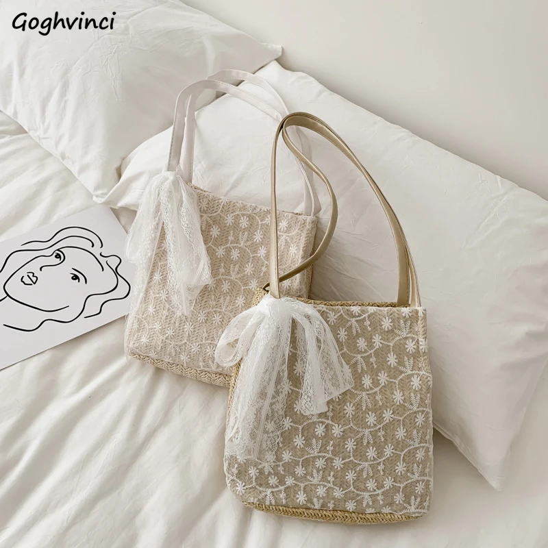 

Shopping Bags Women Sweet Lace Straw Knitting Bucket Bag Shopper Korean Style Summer Hasp Large Capacity New Student Simple Ins